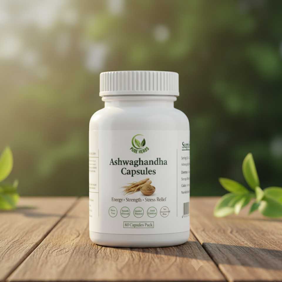 Pure Herbs Ashwagandha Capsules – 60 Capsules Pack | Organic Ashwagandha Root Extract for Stress Relief, Energy & Strength