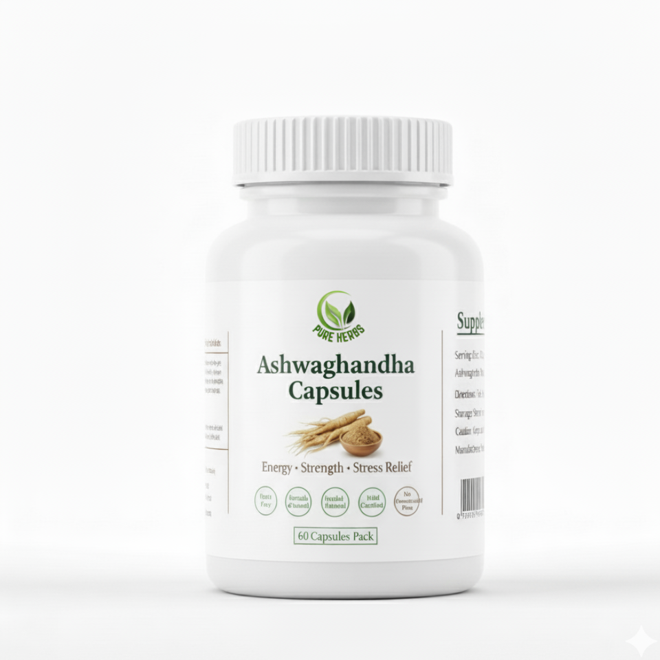 Pure Herbs Ashwagandha Capsules – 60 Capsules Pack | Organic Ashwagandha Root Extract for Stress Relief, Energy & Strength