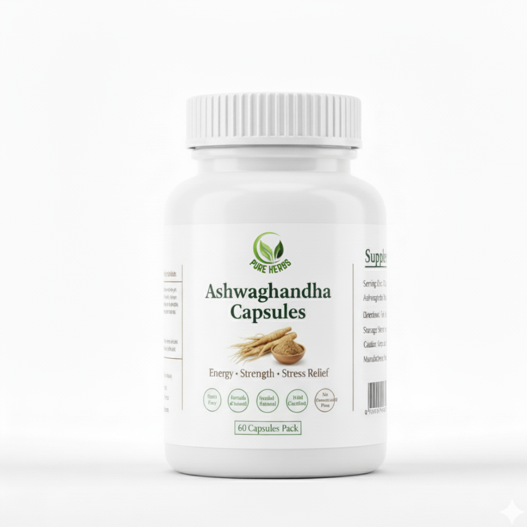 Pure Herbs Ashwagandha Capsules – 60 Capsules Pack | Organic Ashwagandha Root Extract for Stress Relief, Energy & Strength