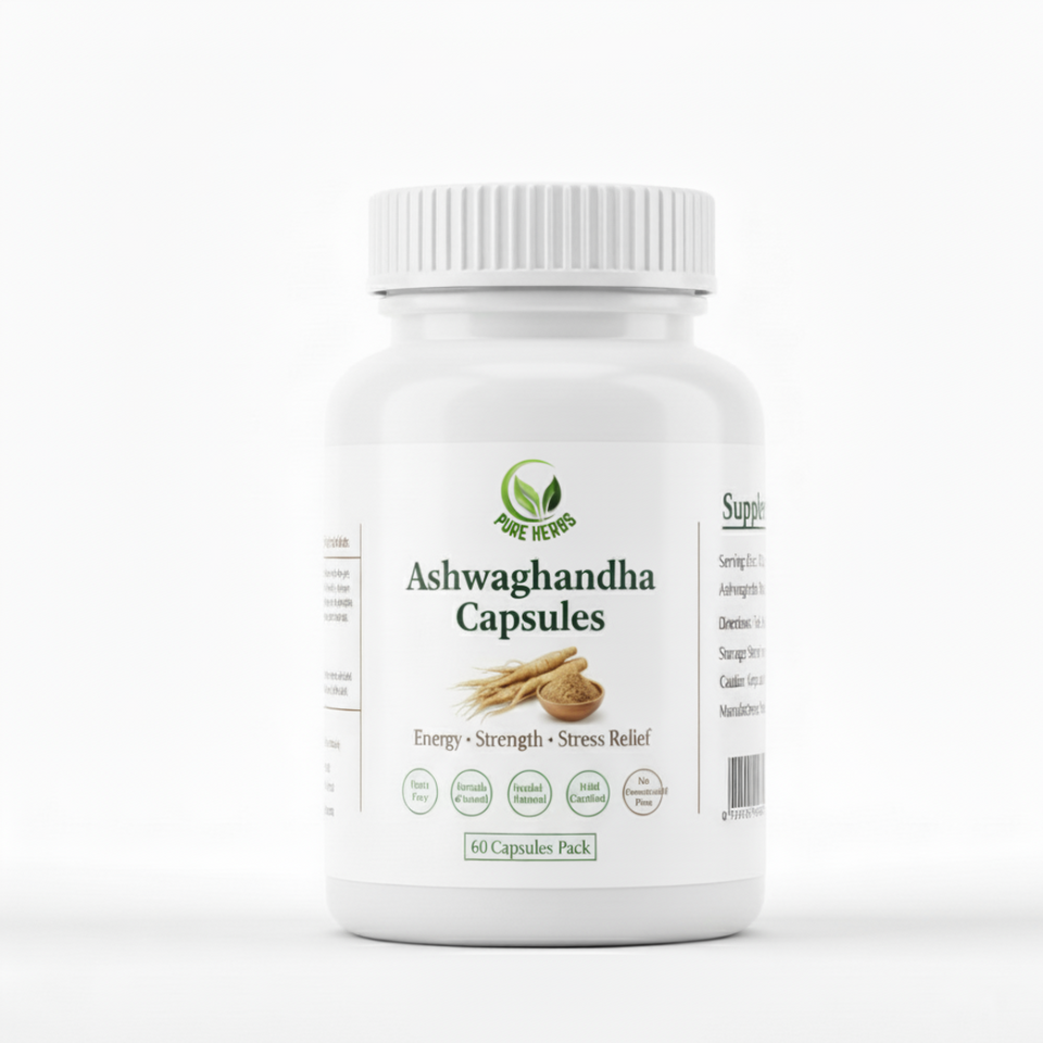 Pure Herbs Ashwagandha Capsules – 60 Capsules Pack | Organic Ashwagandha Root Extract for Stress Relief, Energy & Strength