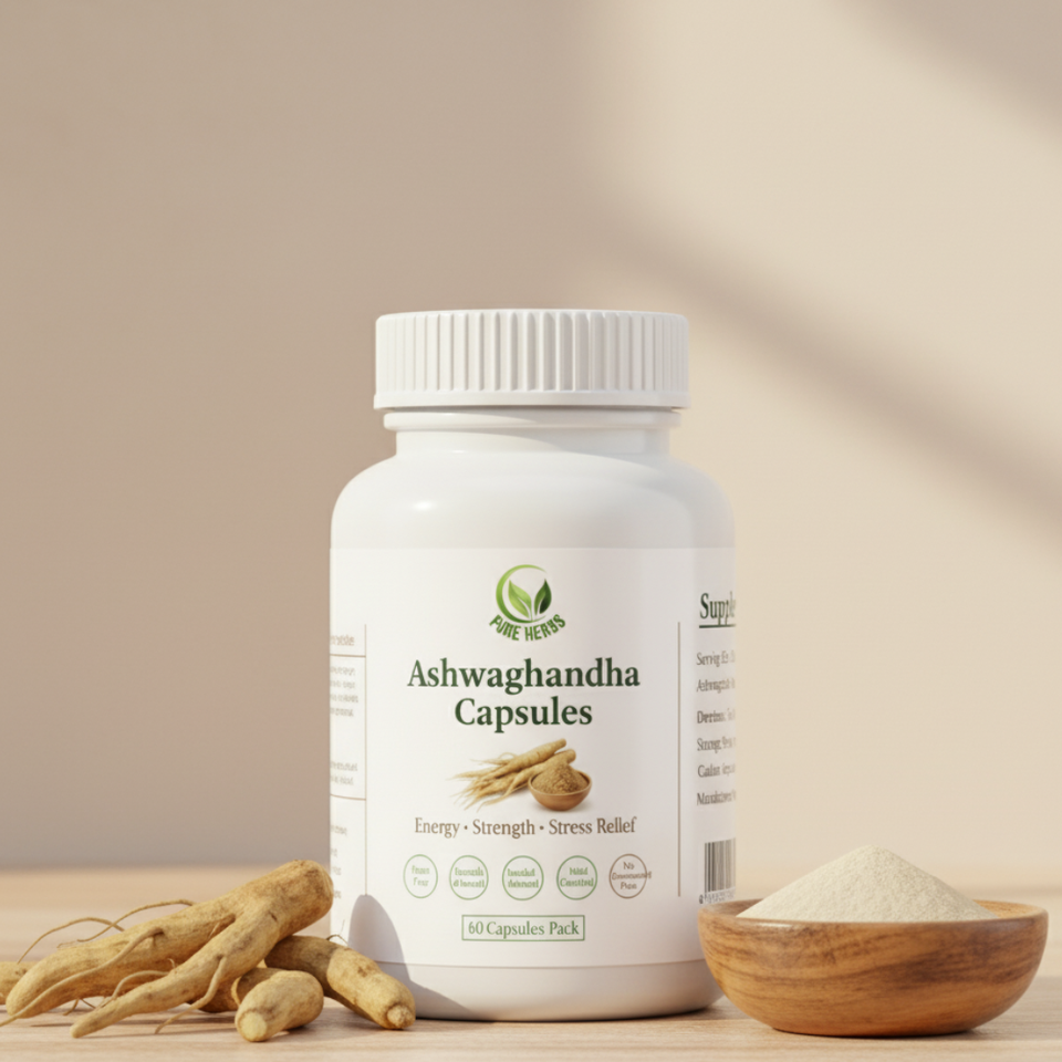 Pure Herbs Ashwagandha Capsules – 60 Capsules Pack | Organic Ashwagandha Root Extract for Stress Relief, Energy & Strength