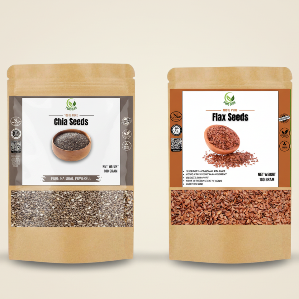 Chia Seeds 100g & Flax Seeds 100g Combo Pack – 100% Natural Superfoods for Energy, Digestion & Weight Management