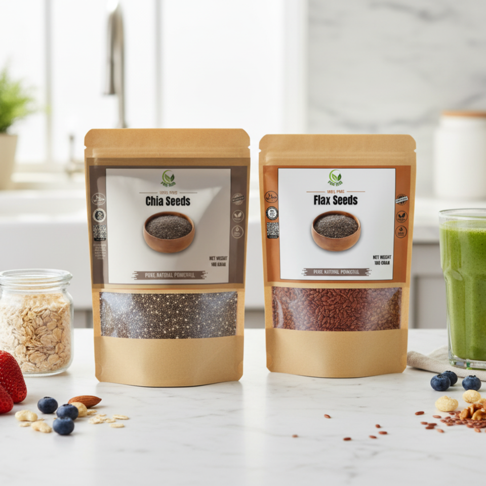 Chia Seeds 100g & Flax Seeds 100g Combo Pack – 100% Natural Superfoods for Energy, Digestion & Weight Management