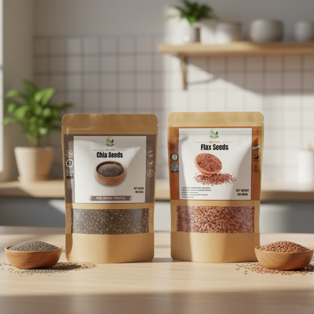 Chia Seeds 100g & Flax Seeds 100g Combo Pack – 100% Natural Superfoods for Energy, Digestion & Weight Management