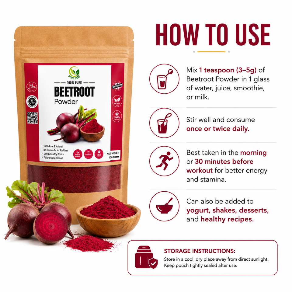 Pure Herbs Beetroot Powder – 100% Natural Skin Glow & Lip Tint Powder (100g)