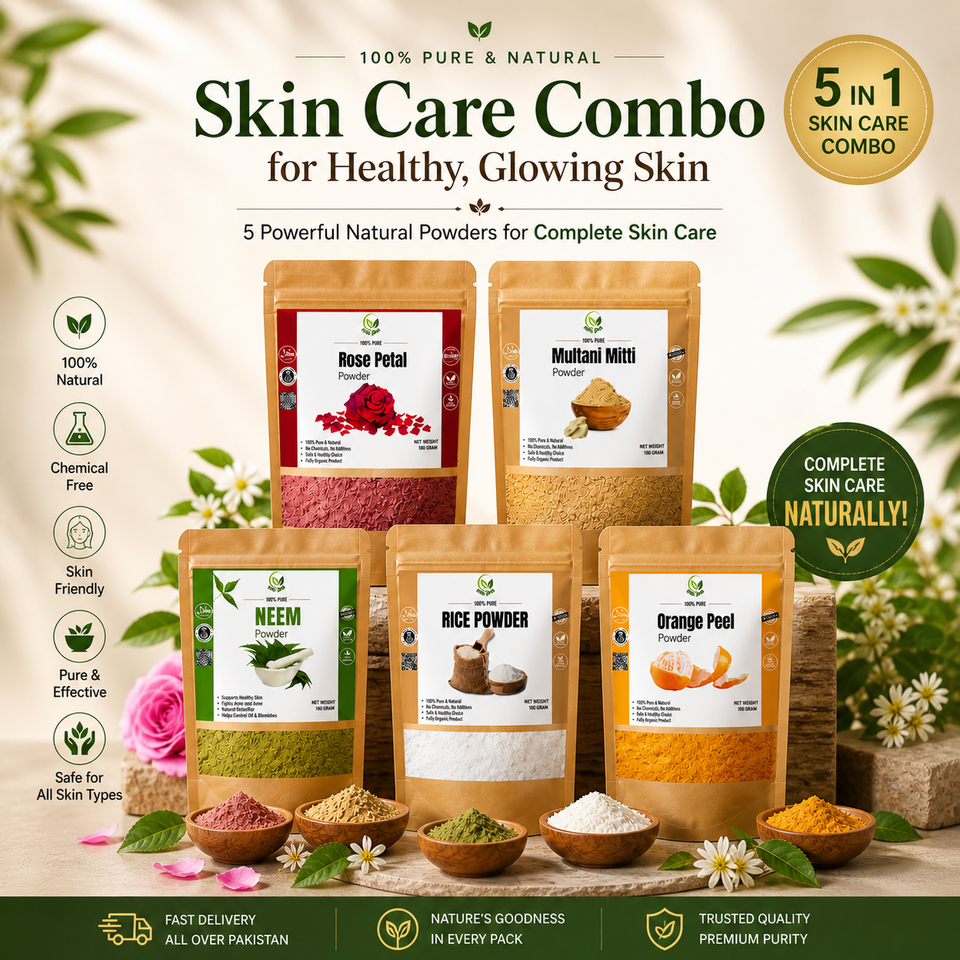 5 in 1 Herbal Face Care Combo – Orange Peel, Rice, Multani Mitti, Neem & Rose Powder | 100% Natural Skin Glow Pack